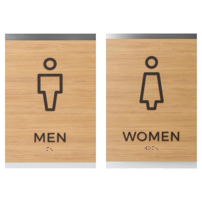 SBlabels Men And Women Restroom Sign Set/Non-Wheelchair Accessible With Braille Bathroom Signs / 6" x 9" Oak Woodgrain Design - Image 1